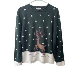 Christopher & Banks Hand Embroidered  Reindeer Christmas Holiday Sweater